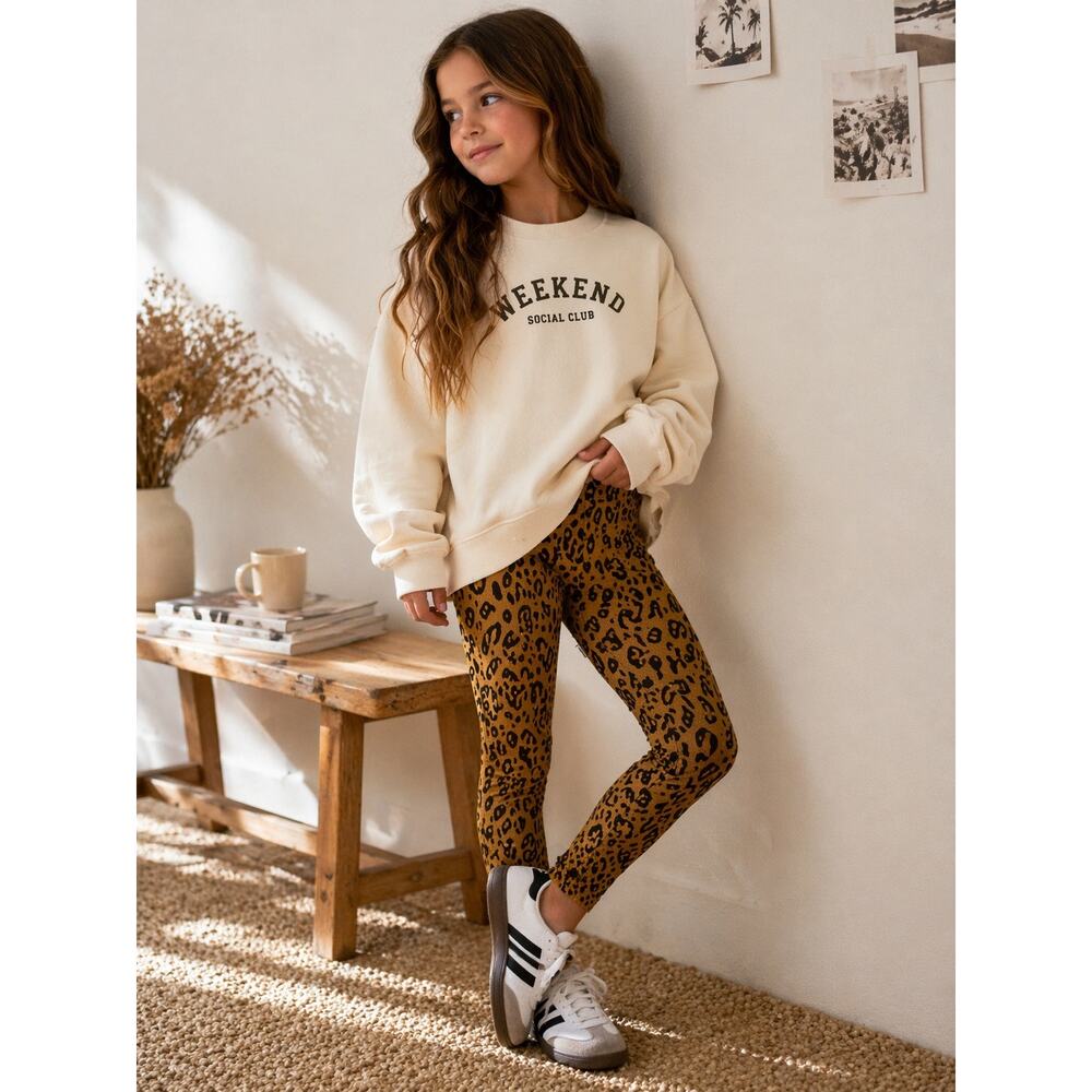 Crewcuts Mustard Leopard Leggings Girls 6-7 Neutral Animal Print Stretch Pants